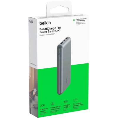 Акумулятор портативний літій-іонний Power Bank Belkin 10000мА·год, 15Вт, 2хUSB-A/USB-C, cірий (BPB011BTGY)