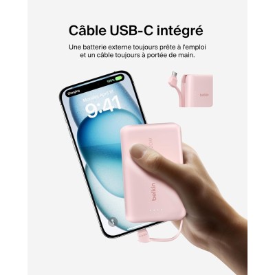 Акумулятор портативний літій-іонний Power Bank Belkin 10000мА·год, 20Вт, з інтегрованим кабелем USB-C, рожевий (BPB021HQPK)