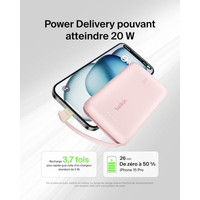 Акумулятор портативний літій-іонний Power Bank Belkin 10000мА·год, 20Вт, з інтегрованим кабелем USB-C, рожевий (BPB021HQPK)