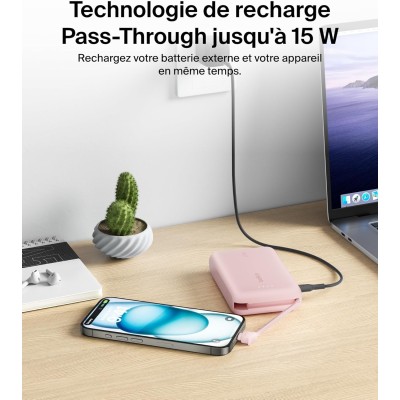 Акумулятор портативний літій-іонний Power Bank Belkin 10000мА·год, 20Вт, з інтегрованим кабелем USB-C, рожевий (BPB021HQPK)