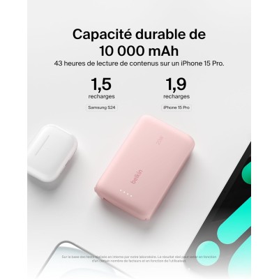 Акумулятор портативний літій-іонний Power Bank Belkin 10000мА·год, 20Вт, з інтегрованим кабелем USB-C, рожевий (BPB021HQPK)