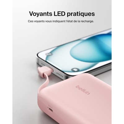 Акумулятор портативний літій-іонний Power Bank Belkin 10000мА·год, 20Вт, з інтегрованим кабелем USB-C, рожевий (BPB021HQPK)