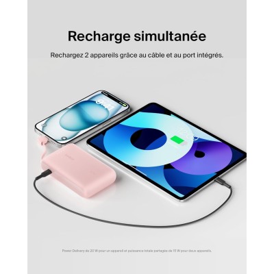 Акумулятор портативний літій-іонний Power Bank Belkin 10000мА·год, 20Вт, з інтегрованим кабелем USB-C, рожевий (BPB021HQPK)