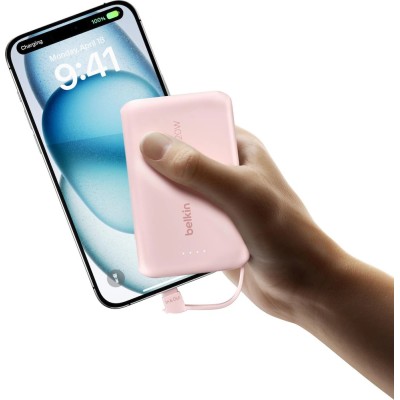 Акумулятор портативний літій-іонний Power Bank Belkin 10000мА·год, 20Вт, з інтегрованим кабелем USB-C, рожевий (BPB021HQPK)