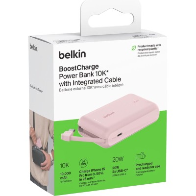 Акумулятор портативний літій-іонний Power Bank Belkin 10000мА·год, 20Вт, з інтегрованим кабелем USB-C, рожевий (BPB021HQPK)