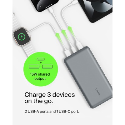 Акумулятор портативний літій-іонний Power Bank Belkin 20000мА·год, 15Вт, 2хUSB-A/USB-C, cірий (BPB012BTGY)
