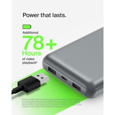 Акумулятор портативний літій-іонний Power Bank Belkin 20000мА·год, 15Вт, 2хUSB-A/USB-C, cірий (BPB012BTGY)