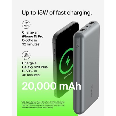 Акумулятор портативний літій-іонний Power Bank Belkin 20000мА·год, 15Вт, 2хUSB-A/USB-C, cірий (BPB012BTGY)