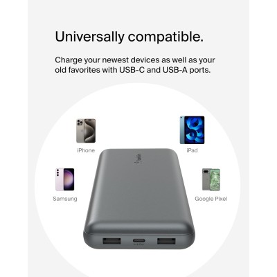 Акумулятор портативний літій-іонний Power Bank Belkin 20000мА·год, 15Вт, 2хUSB-A/USB-C, cірий (BPB012BTGY)