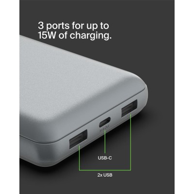 Акумулятор портативний літій-іонний Power Bank Belkin 20000мА·год, 15Вт, 2хUSB-A/USB-C, cірий (BPB012BTGY)