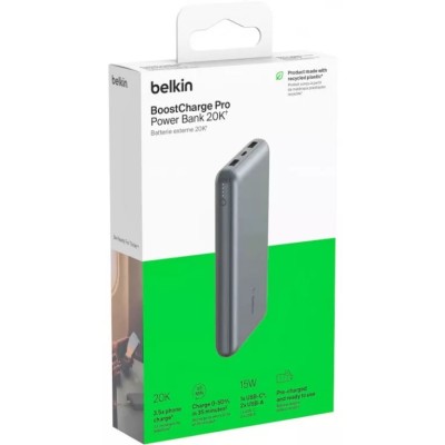 Акумулятор портативний літій-іонний Power Bank Belkin 20000мА·год, 15Вт, 2хUSB-A/USB-C, cірий (BPB012BTGY)