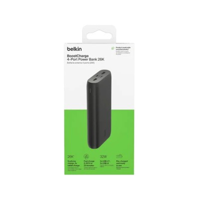 Акумулятор портативний літій-іонний Power Bank Belkin 26000мА·год, 32Вт, USB-A/USB-C PD PPS, чорний