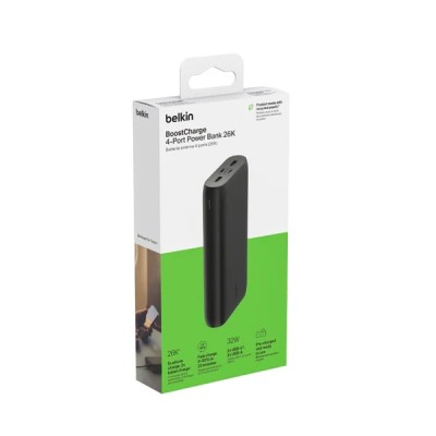 Акумулятор портативний літій-іонний Power Bank Belkin 26000мА·год, 32Вт, USB-A/USB-C PD PPS, чорний