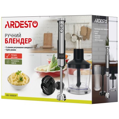 Блендер Ardesto заглибний 1000Вт, 3в1, чаша-600мл, чопер-500мл, насадка для пюре, чорно-сріблястий (HBG-1000BCHP)