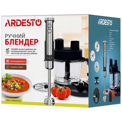 Блендер Ardesto заглибний 1000Вт, 7в1, чаша-2000мл, насадка для нарізання кубиками, чорно-сріблястий (HBSG-1000WHCHSL)