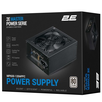Блок живлення 2E Master Power (650W), >80%, 80+ White, 120мм, 1xMB 24pin(20+4), 1xCPU 8pin(4+4), 3xMolex, 5xSATA, 2xPCIe 8pin(6+