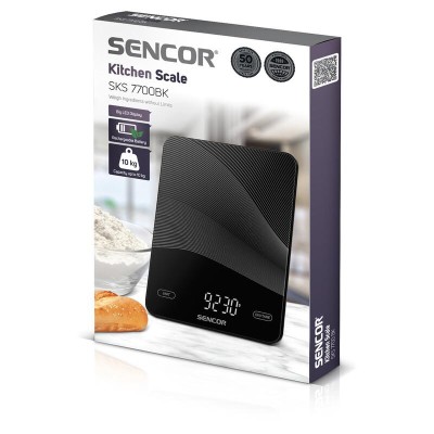 Ваги Sencor кухонні, 10кг, акумулятор 250mAh, USB-C, сенс. керув., скло, чорний (SKS7700BK)
