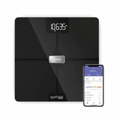 Ваги Tefal підлогові Body Fat Goodvibes Health, 180кг, 1 х Li-ion, кабель USB в комплекті, скло, чорний (BM9670S1)