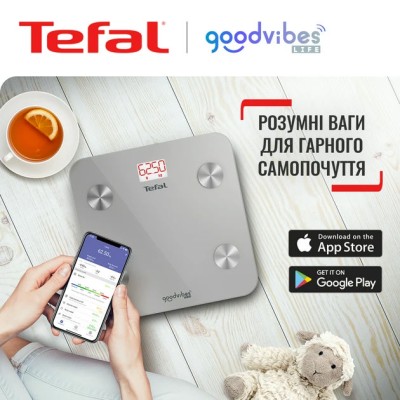 Ваги Tefal підлогові Goodvibes Life, 160кг, Bluetooth, AAAx3 в комплекті, скло, сірий (BM9600S1)