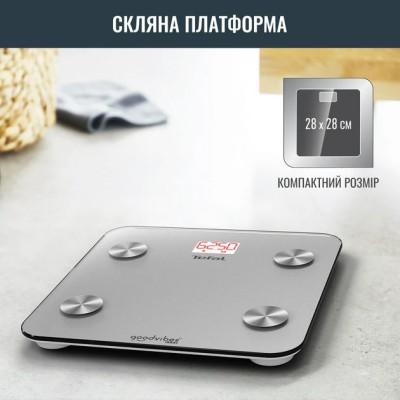 Ваги Tefal підлогові Goodvibes Life, 160кг, Bluetooth, AAAx3 в комплекті, скло, сірий (BM9600S1)