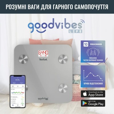 Ваги Tefal підлогові Goodvibes Life, 160кг, Bluetooth, AAAx3 в комплекті, скло, сірий (BM9600S1)