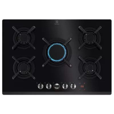 Варильна поверхня Electrolux газова на склі, 75см, чавун, електрон. керування, Hob2Hood, чорний (KGG753753K)