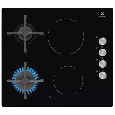 Варильна поверхня Electrolux комбінована (2 газ + 2 склокерам.), 60см, чавун, чорний (EGE6172NOK)