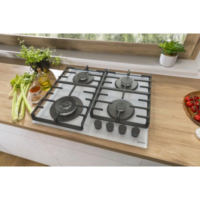 Варильна поверхня Gorenje газова на склі, 60см, чавун, білий (GTW642SYW)