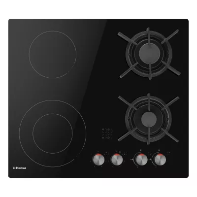 Варильна поверхня Hansa комбінована (2 газ + 2 електро), 59,2см, розширена зона, чавун, чорний (BHMS61414030)