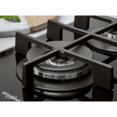Варильна поверхня Whirlpool газова на склі, 60см, чавун, конфорка з подвійним рядом полум'я, чорний (GOWL628/NBEE)