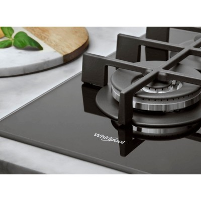 Варильна поверхня Whirlpool газова на склі, 60см, чавун, конфорка з подвійним рядом полум'я, чорний (GOWL628/NBEE)