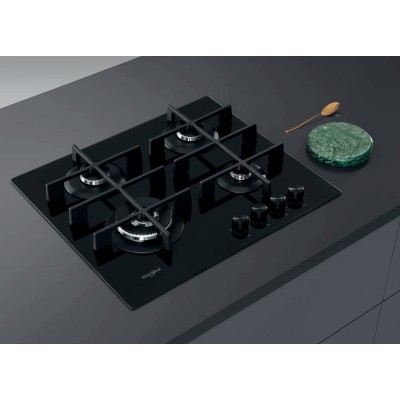 Варильна поверхня Whirlpool газова на склі, 60см, чавун, конфорка з подвійним рядом полум'я, чорний (GOWL628/NBEE)