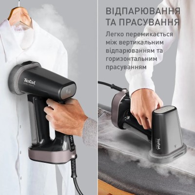 Відпарювач Tefal компактний Pure Force 3в1, 1800Вт, 180мл, постійна пара - 35гр, керам. підошва, чорно-рожевий (DT8765E0)