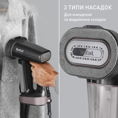 Відпарювач Tefal компактний Pure Force 3в1, 1800Вт, 180мл, постійна пара - 35гр, керам. підошва, чорно-рожевий (DT8765E0)