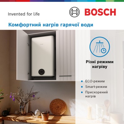 Водонагрівач електр. BOSCH плаский слім Tronic 3500, 100л, 1.5кВт, ун. монтаж, електр. кер-ння, B, білий (7736507294)