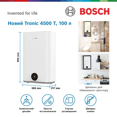 Водонагрівач електр. BOSCH плаский слім Tronic 4500, 100л, 1.5кВт, ун. монтаж, електр. кер-ння, B, білий (7736507299)