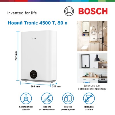 Водонагрівач електр. BOSCH плаский слім Tronic 4500, 80л, 1.5кВт, ун. монтаж, електр. кер-ння, B, білий (7736507298)
