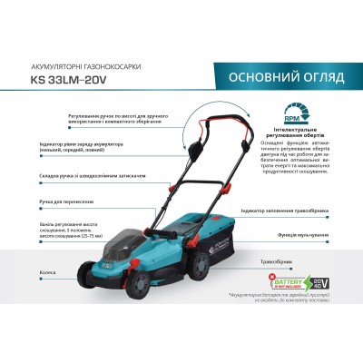 Газонокосарка акумуляторна Konner&Sohnen KS 33LM-20V 20В 33см 30л 25-75мм 14кг (без АКБ та ЗП)
