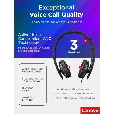 Гарнітура Lenovo Wired ANC Headset Gen 2 (Teams) (4XD1M45627)