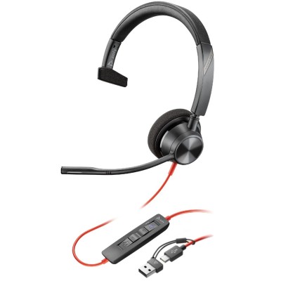 Гарнітура комп'ютерна моно On-ear Poly Blackwire 3310-M, USB-A, USB-C, всеспрямований, Microsoft Teams, чорний (8X216AA)