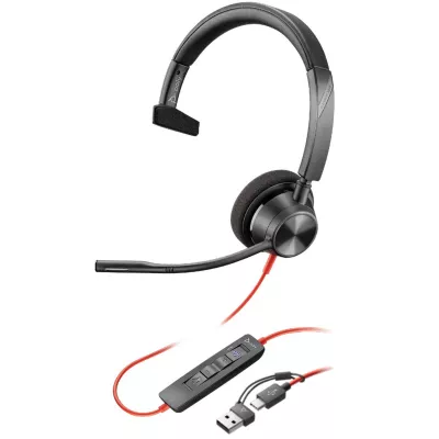Гарнітура комп'ютерна моно On-ear Poly Blackwire 3310-M, USB-A, USB-C, всеспрямований, Microsoft Teams, чорний (8X216AA)
