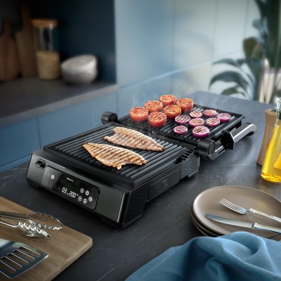 Гриль Philips прижимний Series 7000, 2200Вт, з`ємні пластини,термощуп, розкриття на 180°, метал, чорний (HD6307/70)
