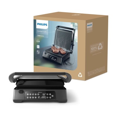 Гриль Philips прижимний Series 7000, 2200Вт, з`ємні пластини,термощуп, розкриття на 180°, метал, чорний (HD6307/70)