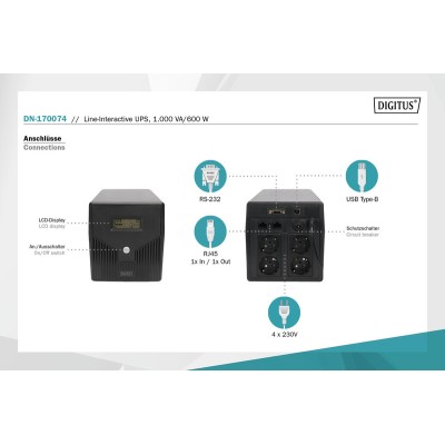 Джерело безперебійного живлення DIGITUS 1000VA/600W, LCD, RJ45, RS232, USB, 4xSchuko (DN-170074)