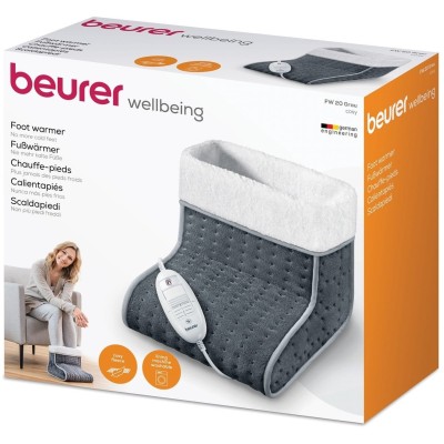 Електрогрілка Beurer для ніг, від мережі, 32х26х26см, 100Вт, 3 режими, авт. вимкн. через 90хв, фліс, плюш, біло-сірий (FW_20_GRE