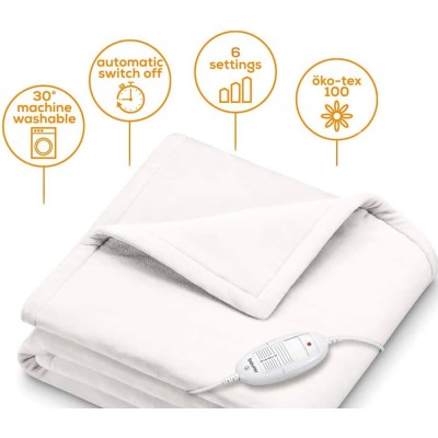Електроковдра Beurer, від мережі, 180х130см, 100Вт, 6 режимів, фліс, білий (HD_75_WHITE)
