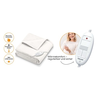 Електроковдра Beurer, від мережі, 180х130см, 100Вт, 6 режимів, фліс, білий (HD_75_WHITE)