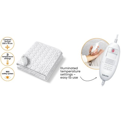 Електропростирадло Beurer, від мережі, 130х75см, 50Вт, 3 режими, бавовна, фліс, білий (UB_30)