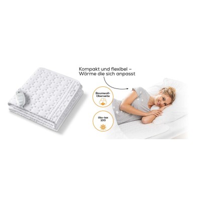 Електропростирадло Beurer, від мережі, 130х75см, 50Вт, 3 режими, бавовна, фліс, білий (UB_30)