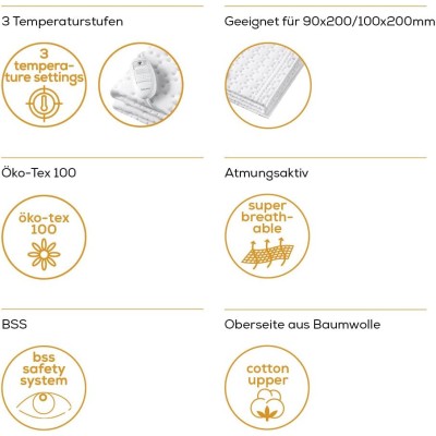 Електропростирадло Beurer, від мережі, 130х75см, 50Вт, 3 режими, бавовна, фліс, білий (UB_30)